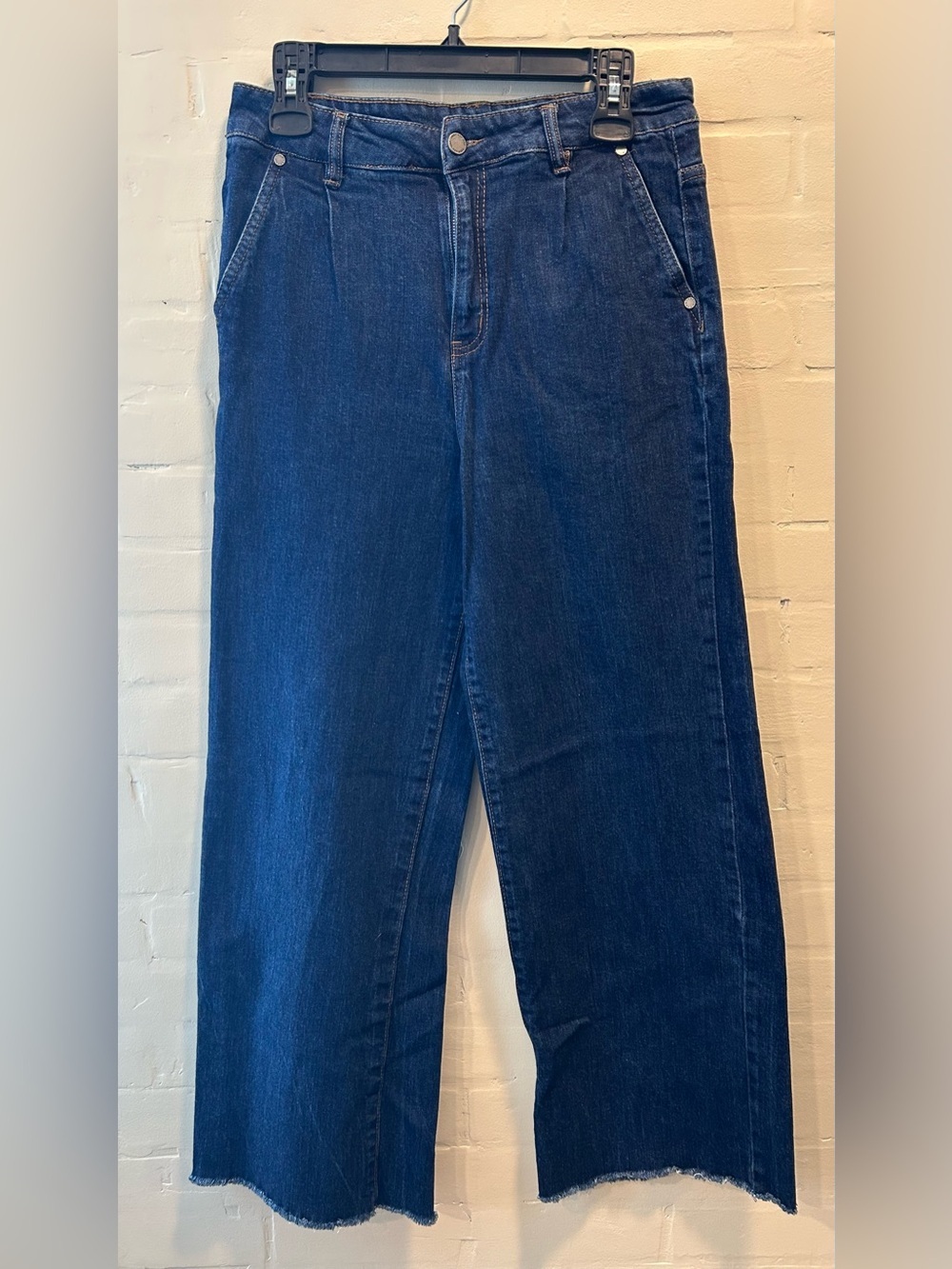 Oat New York Wide Leg Ankle Jeans Women's 10/30 Dark Wash Raw Hem Utility Pocket